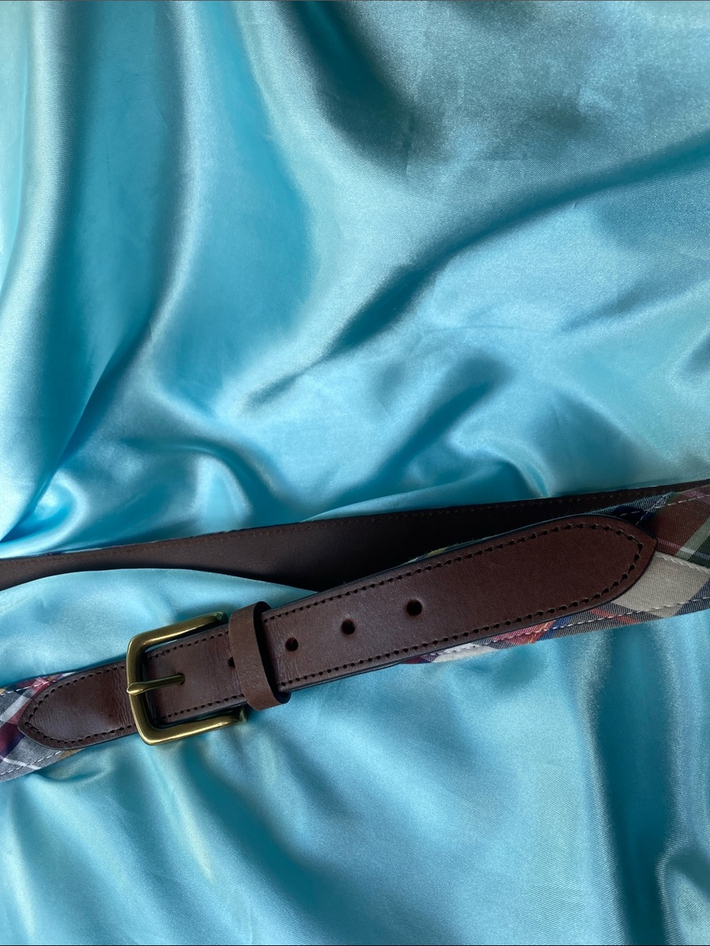 Brooks Brothers 346 Brown Leather Plaid Accent Belt Classic Casual Style